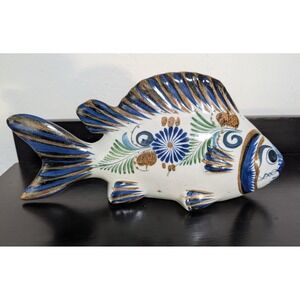 Mexican Folk Art‎ Hand Painted Pottery Blue Fish 13" Artist Signed Arajn